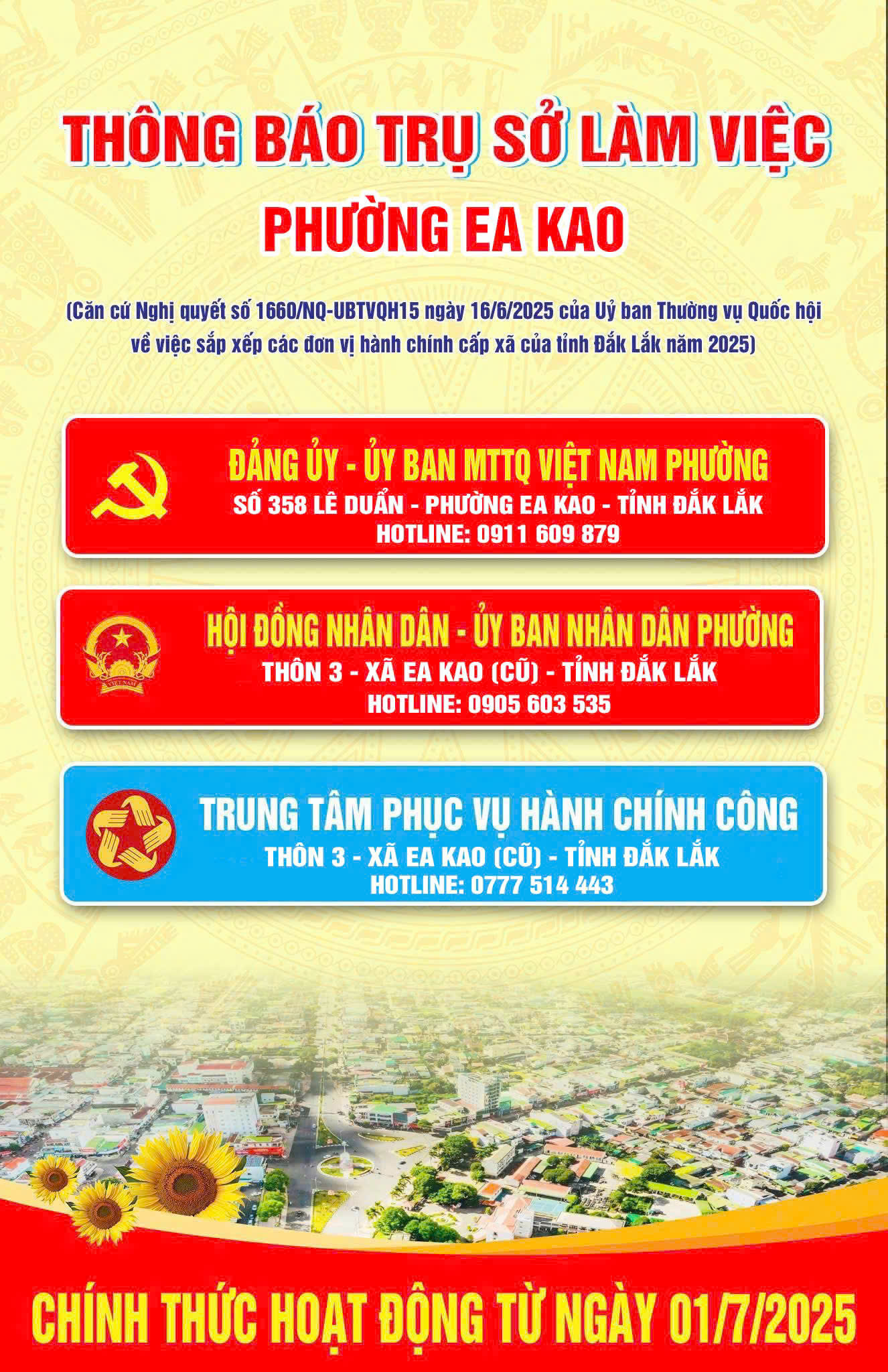 Thông báo địa chỉ hoạt động của Trụ sở Đảng ủy, HĐND, UBND, Uỷ ban MTTQ Việt Nam và Trung tâm Phục vụ Hành chính công phường Ea Kao.